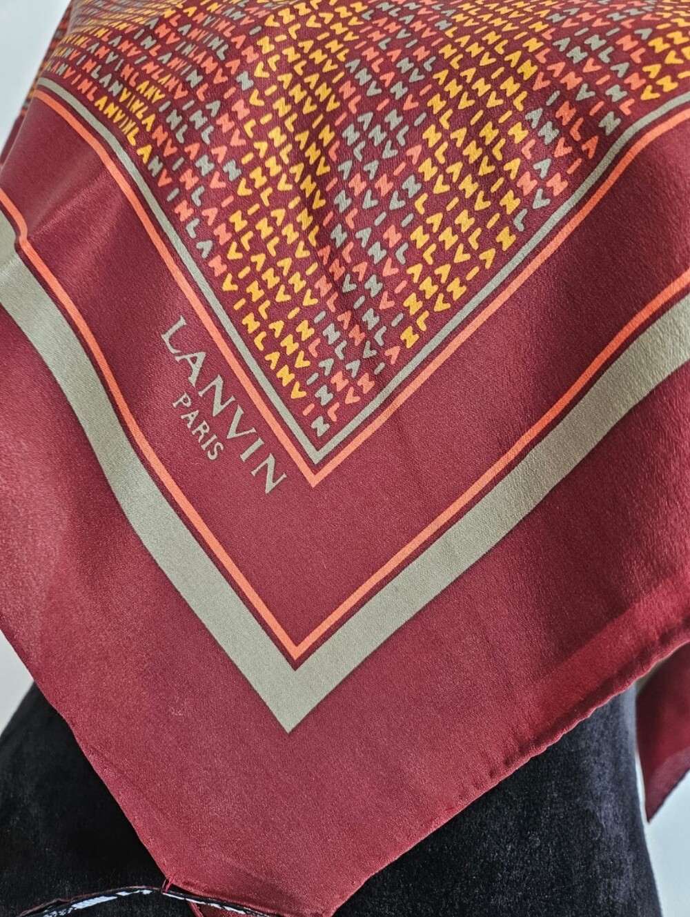 Vintage Lanvin Paris Silk Scarf Burgundy Brown Logo Geometric Print Japan